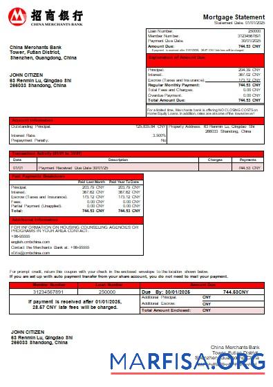 Downloadable China Merchants bank mortgage statement scr download for verification